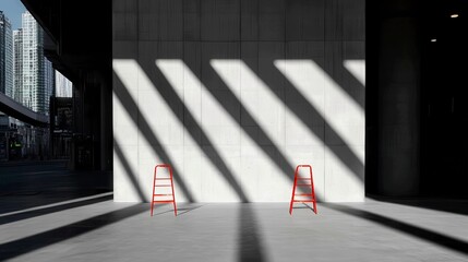 Harsh noon sunlight casts stark shadows of metal scaffolding onto concrete