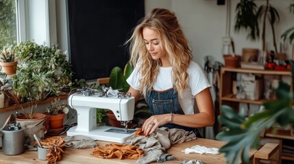A sustainable fashion blogger upcycles thrifted clothes on a sewing machine, filming the process for YouTube