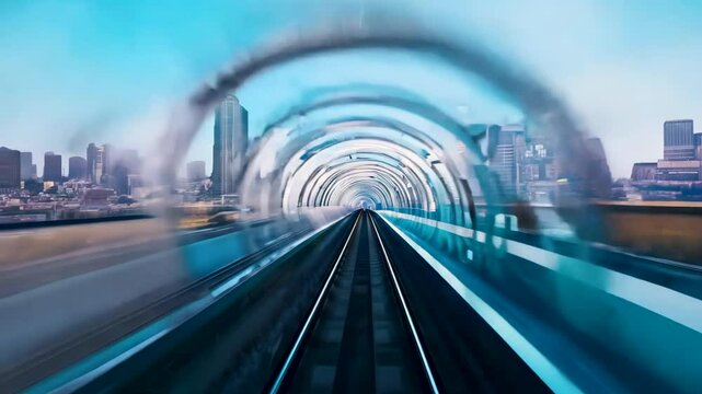 Motion blur of futuristic transport tunnel with blue neon rings and city structures outside. Concept of advanced hyper-speed travel