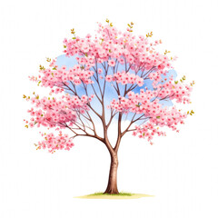 Blooming cherry tree with pink flowers and a brown trunk. cut out. transparent background