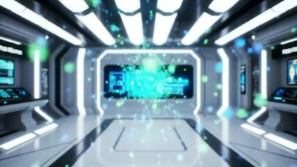 Futuristic spaceship bridge with holographic display showing data and energy particles - Powered by Adobe
