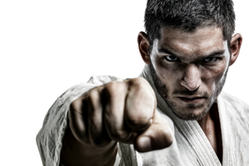 Intense male martial artist in white kimono punching forward with focus and determination isolated on transparent background