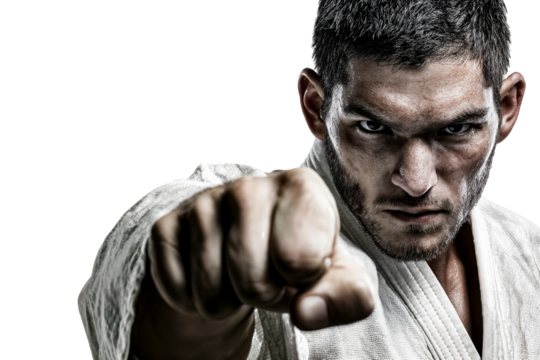 Intense male martial artist in white kimono punching forward with focus and determination isolated on transparent background