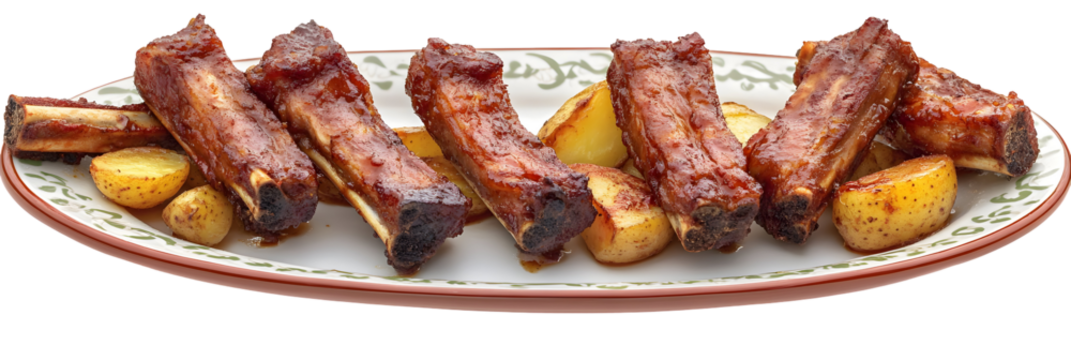 Delicious barbecue ribs and potatoes arranged on an ornate plate perfect for a dinner