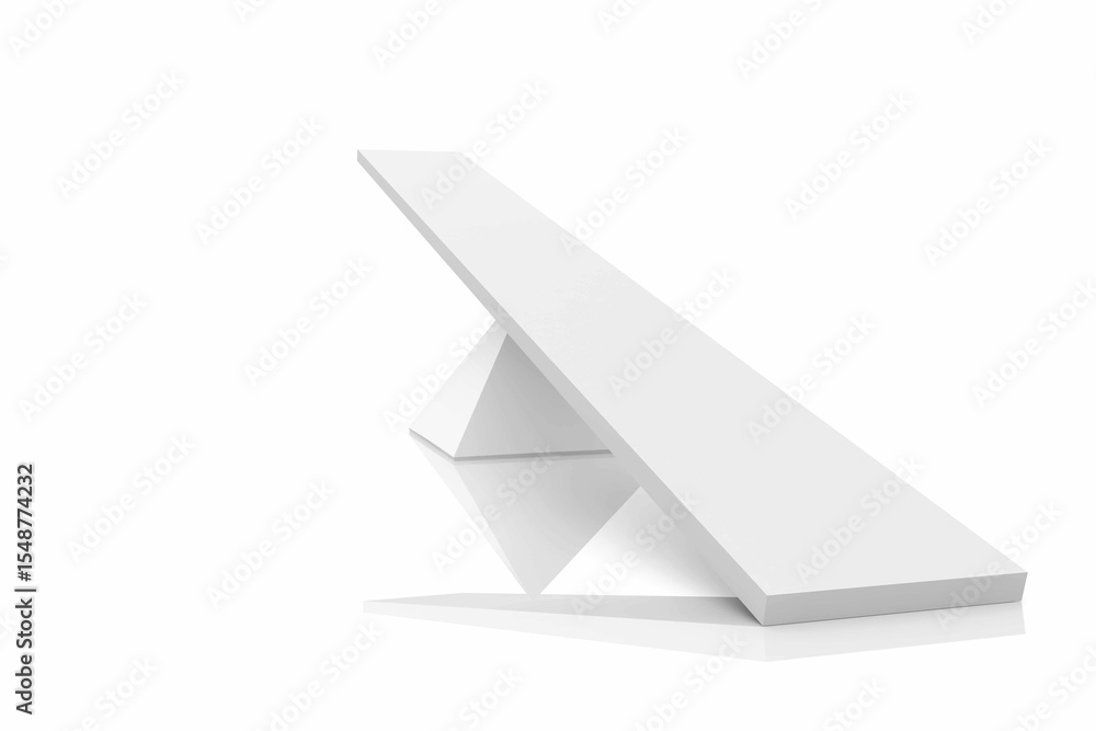 Poster geometric sculpture is balancing rectangular prism diagonally on wedge on reflective plane in 3d