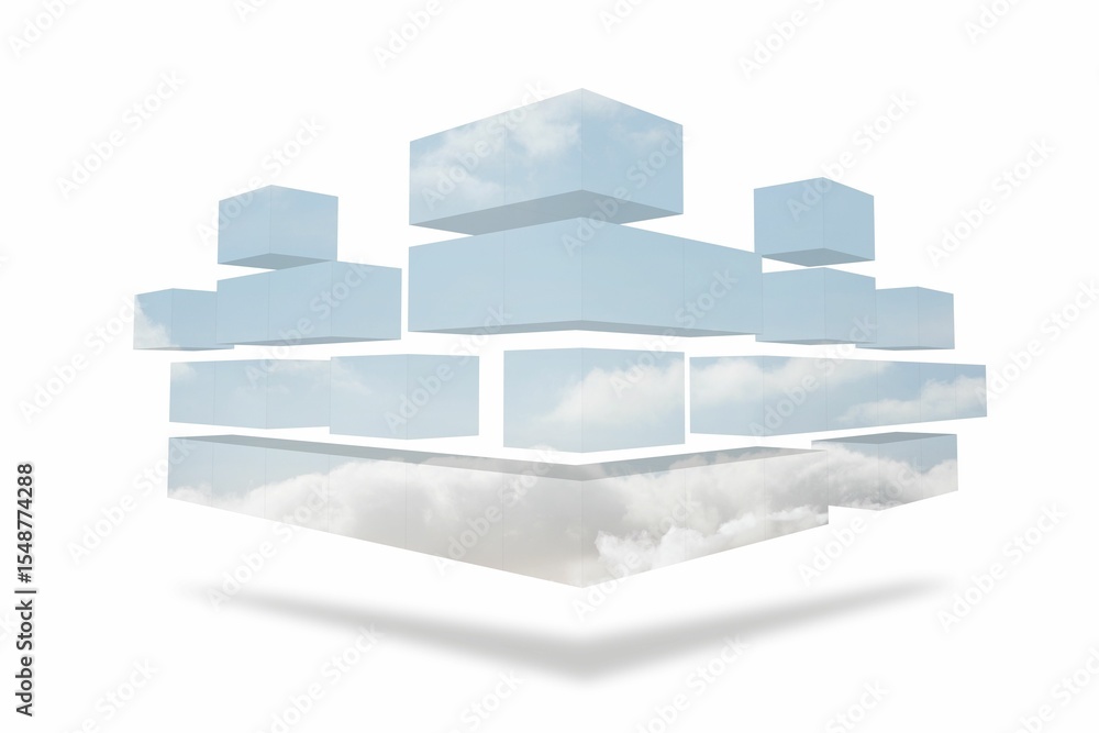 Poster 3d sky-textured prisms are forming abstract floating cube structure in white void, copy space