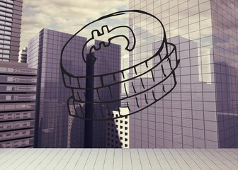 Drawn coins on cityscape background
