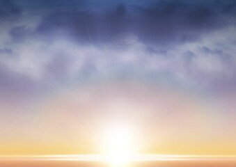 Sun is rising over calm water horizon in flat design, showing sky gradient with layered clouds