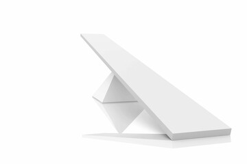 Geometric sculpture is balancing rectangular prism diagonally on wedge on reflective plane in 3D