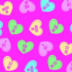 Square image of short text messages on coloured heart shapes on bright pink background