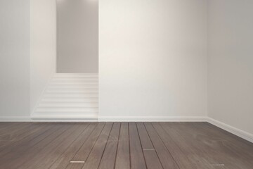 Flat design interior is showing short white staircase with hardwood floor, baseboard trim