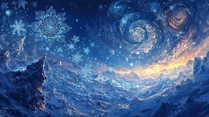 A majestic winter landscape, adorned with snowflakes and cosmic swirls