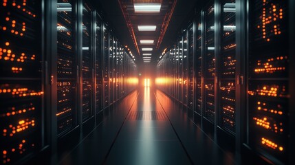 Server room corridor with glowing data