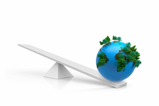Naklejki Earth globe with green tree clusters is balancing on white beam in 3D design, copy space