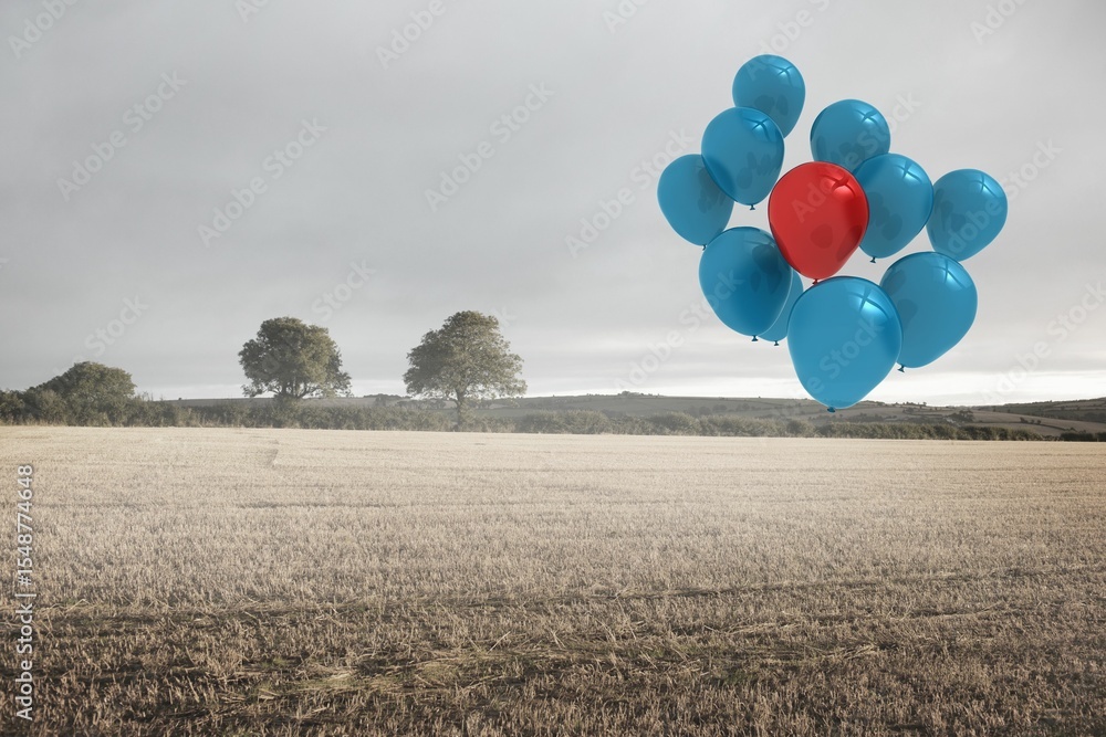 Poster helium balloon cluster is floating over stubble field with distant trees in flat design, cloudy sky