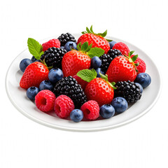 Obraz premium A plate of mixed fresh berries, including strawberries, blueberries, raspberries, and blackberries, garnished with mint leaves. cut out. transparent background