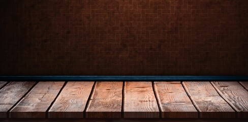 Wooden shelf on brown brick wall