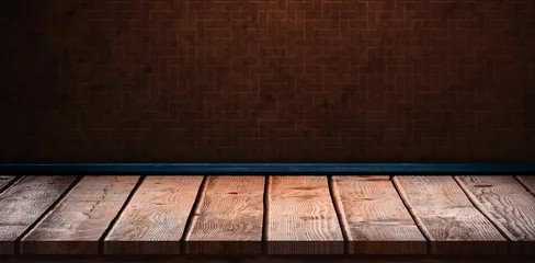 Wooden shelf on brown brick wall