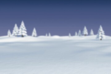 Winter twilight landscape is unfolding in flat design, with snow-covered evergreen trees