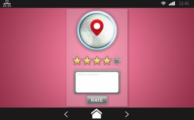 Digital rating card UI is being shown on flat pink gradient background, featuring map pin, stars
