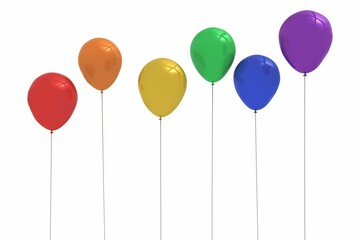 Six glossy latex balloons are floating in 3D render, showing rainbow colors, copy space