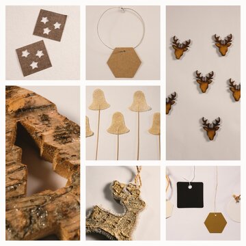 Fototapeta Flat nine-panel collage is showcasing burlap stars, kraft tag, wood deer heads, glitter reindeer