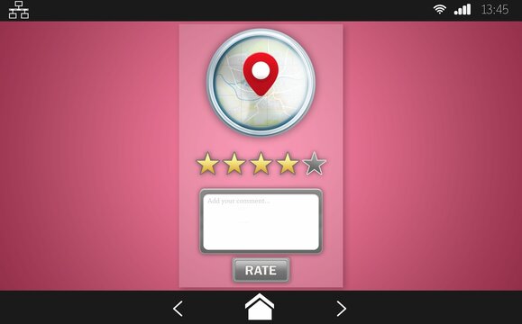 Naklejki Digital rating card UI is being shown on flat pink gradient background, featuring map pin, stars
