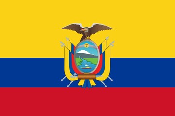 Flat design is showing Ecuadorian flag with tricolor stripes, coat of arms, transparent background