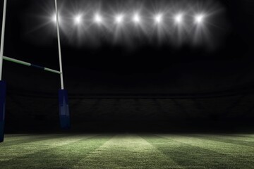 Flat design is showing rugby goal post with padded base standing on grass under stadium floodlights