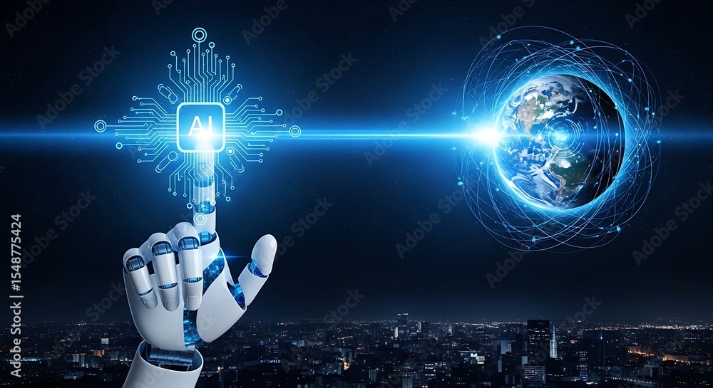 Poster global network connectivity ai-powered robotic hand interacting with digital earth