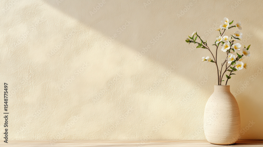 Poster minimal table scene with single flower stem in ceramic vase, creating serene atmosphere
