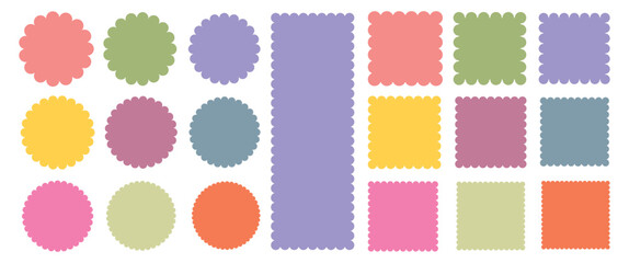 Geometric shapes with scallop and zigzag edges set. Zig zag edge circle, square shape collection. Torn paper, jagged rectangular, circle  shape box element set with zigzag edges.