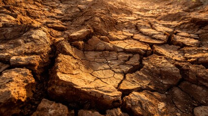 Obraz premium Dry cracked earth texture with deep fissures showing geological layers, drought and climate change concept, arid landscape and global warming effects.