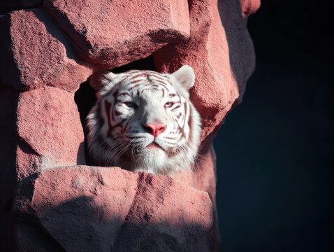 White tiger resting in a rock crevice - Powered by Adobe