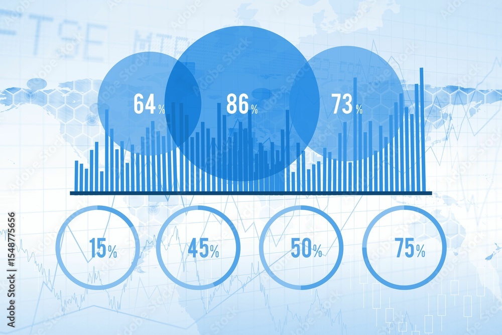 Poster flat design data infographic is showing overlapping blue circles, bars and rings on world map
