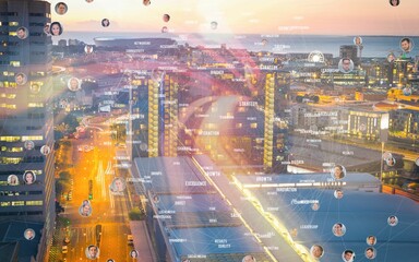 Double exposure of connecting people icons with cityscape