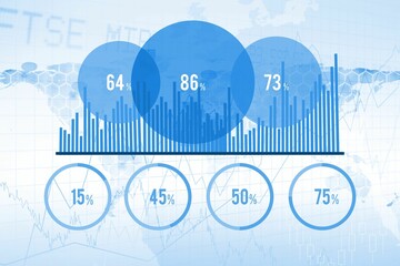 Flat design data infographic is showing overlapping blue circles, bars and rings on world map
