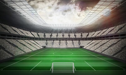 Soccer stadium is being shown in flat design with white goalpost, striped pitch and tiered stands