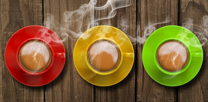 Fototapeta Overhead view of colorful tea cups