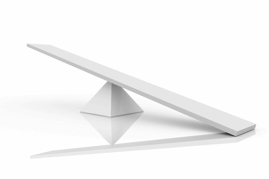 White beam is balancing on triangular pyramid fulcrum in minimal 3D render on glossy floor