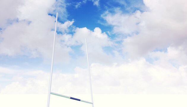 Fototapeta Tall white goalposts are standing on sports ground under bright partly cloudy sky in flat design