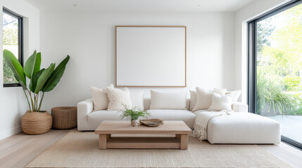 Cozy neutral living area featuring large plant, minimalist furniture, and natural light