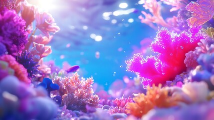 Vibrant Coral Reef Ecosystem with Pink Purple and Orange Corals Underwater Scene in Bright Blue Water with Sparkling Light