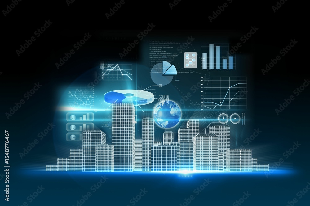 Poster holographic wireframe city skyline is emerging in 3d with glowing grid, pie chart rotating globe