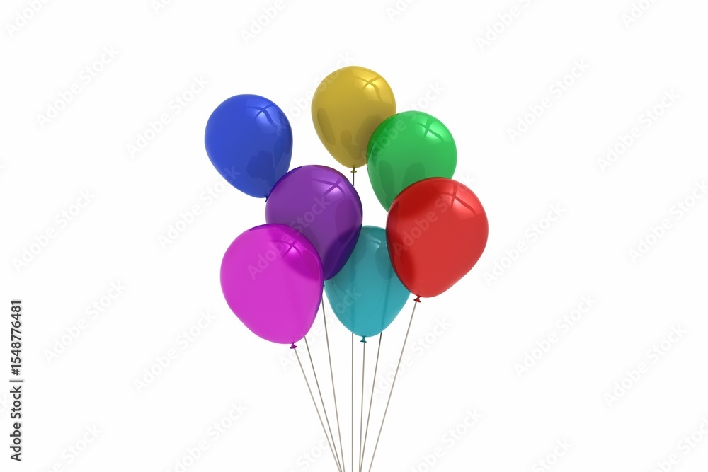 Poster cluster of eight colorful balloons with ribbons is floating against white backdrop in flat design