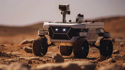 Fototapeta premium Advanced Mars rover explores rocky terrain under a dusty orange sky, showcasing futuristic technology and space exploration.