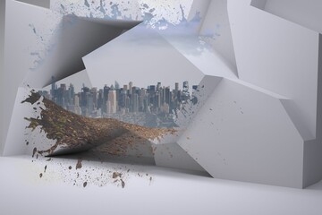 Abstract flat design is showing white form bursting soil and leaves through opening toward skyline