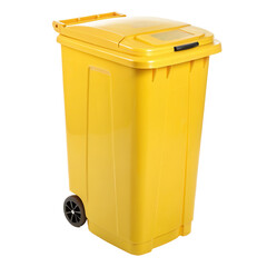 PNG Bright yellow wheeled trash bin with hinged lid for outdoor waste management