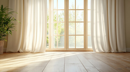 Bright sunlight streams through sheer curtains, illuminating cozy room with wooden flooring
