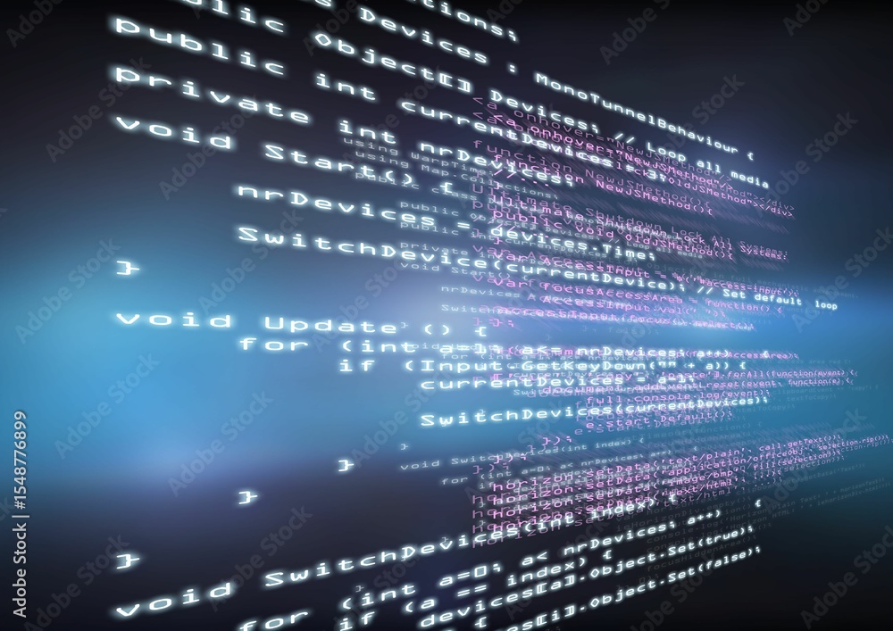 Poster stylized glowing 3d code lines are floating across blurred blue purple gradient backdrop